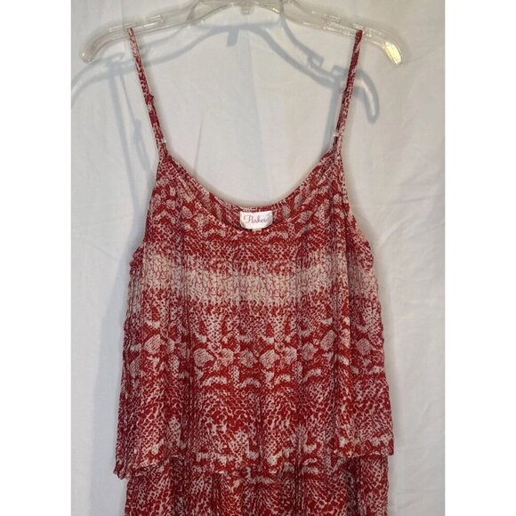 Parker Brand Women’s Red Patterned Spaghetti Strap Tiered Lined Mini Dress Sz M - Picture 2 of 10